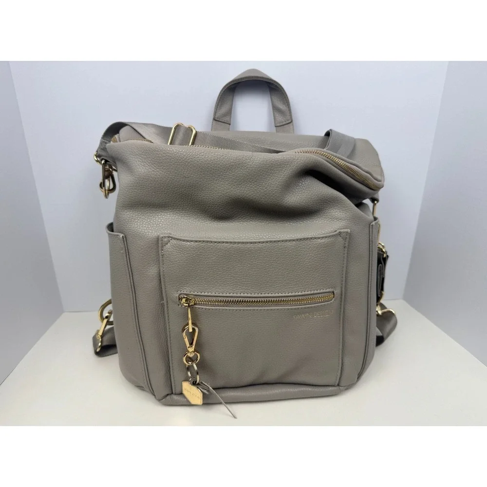FAWN‎ DESIGN Diaper Bag Backpack Gray Faux Leather Large Baby Bag + Wristlet